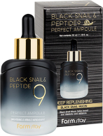 FARMSTAY Black Snail & Peptide9 Perfect Ampoule омолаживающая сыворотка для лица с пептидами и муцином черной улитки